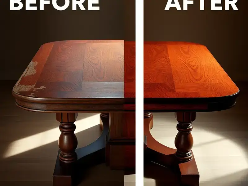 Restored mahogany dining table before and after